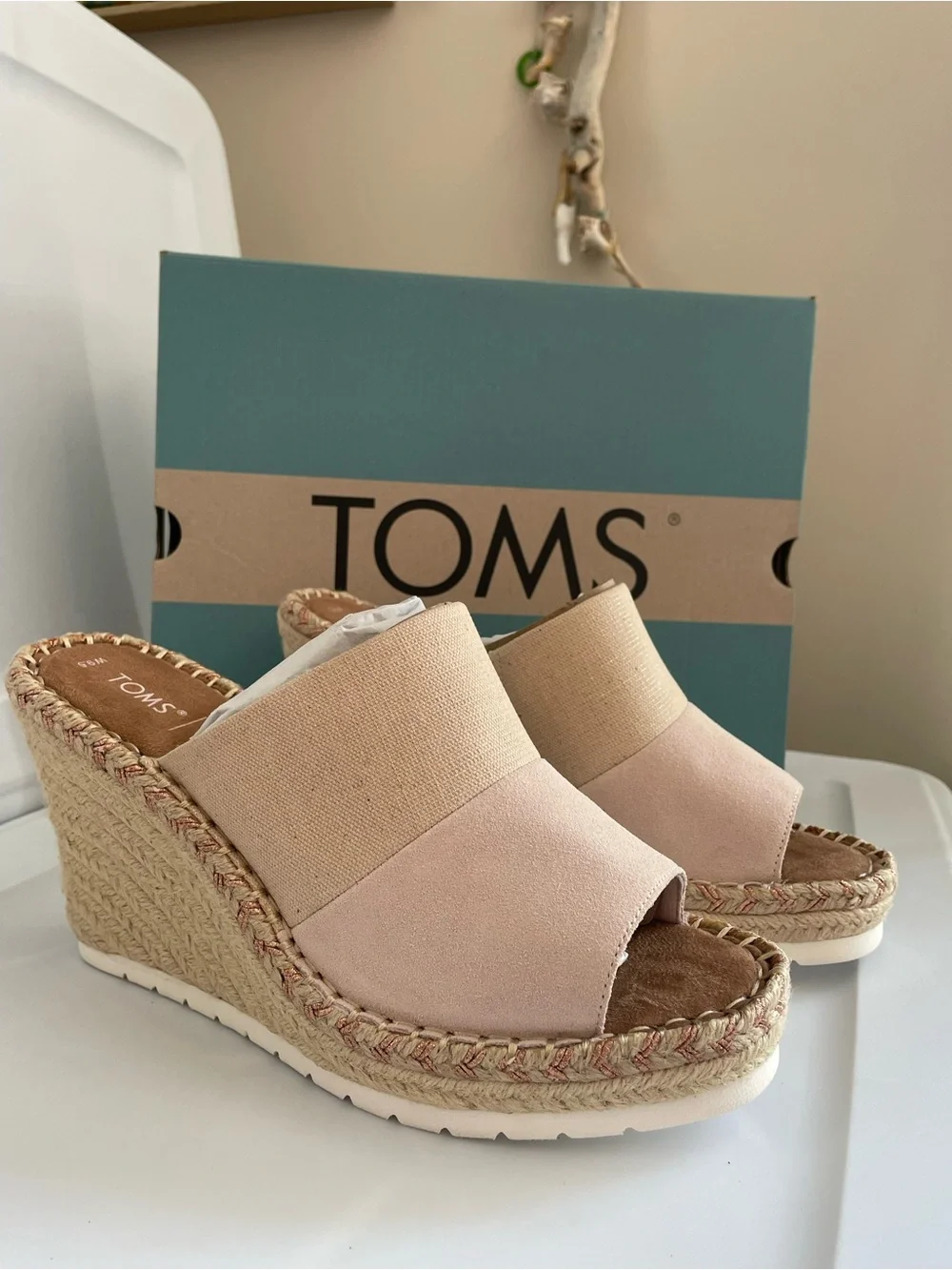 TOMS Blush Pink Canvas Espadrille Wedge Slides Monica Mule NEW in BOX